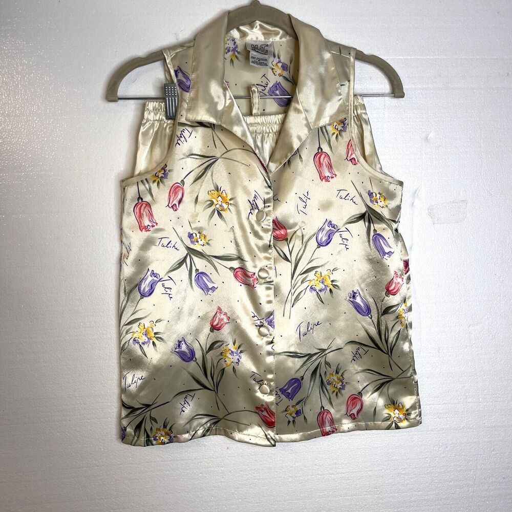 Morgan Taylor Intimates Vintage Yellow Floral Tulip Satin 2 PC Pajama Set size P